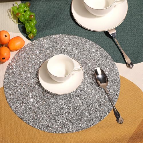 Blulu 8-Piece Silver Rhinestone Round Placemat 15 Inch Glitter Sparkle Table Decor