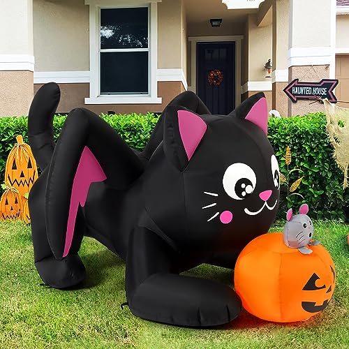 5 Ft Halloween Inflatable Cat with Pumpkin Outdoor Decor, LED Lights