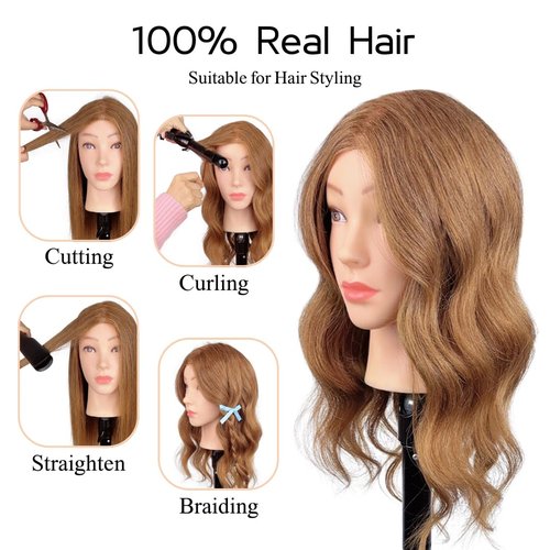 MQHIHI Mannequin Head Human Hair, 100% Real Hair Cosmetology Manikin Head for Practice Braiding Hairstyling Cutting with Free Clamp Holder and Tools (100% Light Brown)