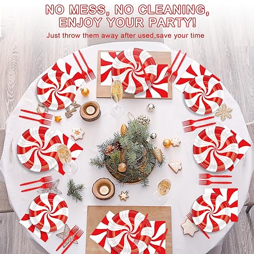 Christmas Peppermint Candy Cane Plates & Napkins Party Set - 200PCS, Disposable Tableware, Holiday Party Supplies