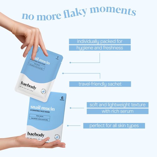 Baebody Snail Mucin Mask | Hydrating Face Sheet Masks with Hyaluronic Acid - 6 Pcs for Youthful Skin