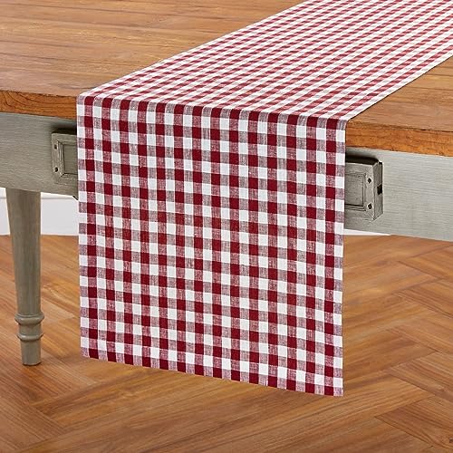 Pure Linen Table Runner Burgundy Gingham Check 14x90 Inches - Handcrafted