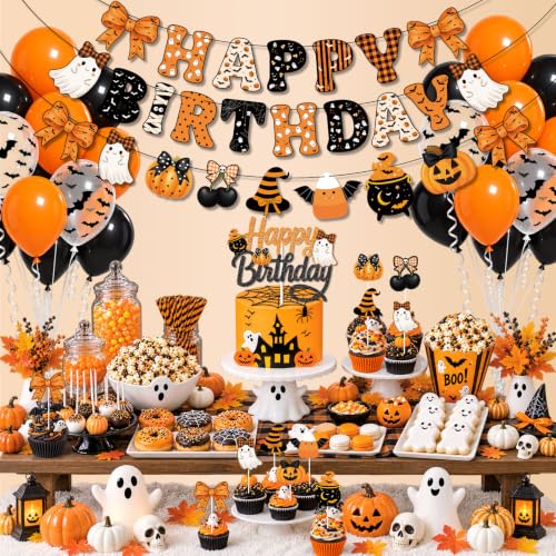 Halloween Birthday Decorations Set with Ghost Banner Balloons & Cake Topper