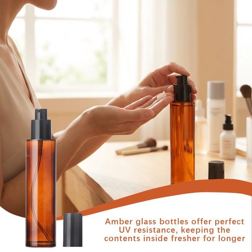 TOPWEL 3PCS 60ml/2oz Empty Amber Glass Lotion Pump Bottles Travel Cosmetic Makeup Soap Dispensers Containers Jars with Black Cap for Foundation Cream Makeup Removel Oil Shampoo