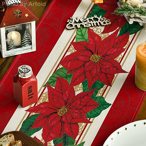 Christmas Poinsettia Table Runner 13x48 Inch Holiday Home Decor - Red
