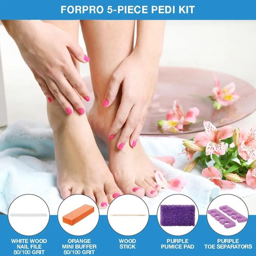 ForPro 5-Piece Pedi Kit, 100-Count, Individually-Packed Pedicure Set, Purple Pumice Pad, Wood Nail File 80/100 Grit, Mini Buffer 80/100 Grit, Wood Stick, Toe Separators