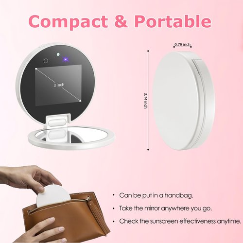 UV Camera for Sunscreen Test UV Mirror Sunscreen Camera, 3.8 Inch Rechargeable 2X Magnifying Vanity Mirror with Light Handheld Double-Sided Pocket Mirror for Skin Protection(White)