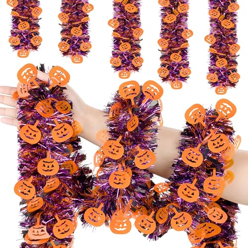 50 FT Halloween Tinsel Garland with Purple & Black Pumpkins - Glitter Decor Streamers