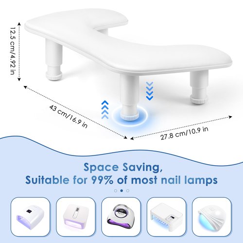 Manicure Arm Rest for Nails Tech: U-shaped Adjustable Nail Armrest - White PU Leather Hand Stand Rest for Manicurists