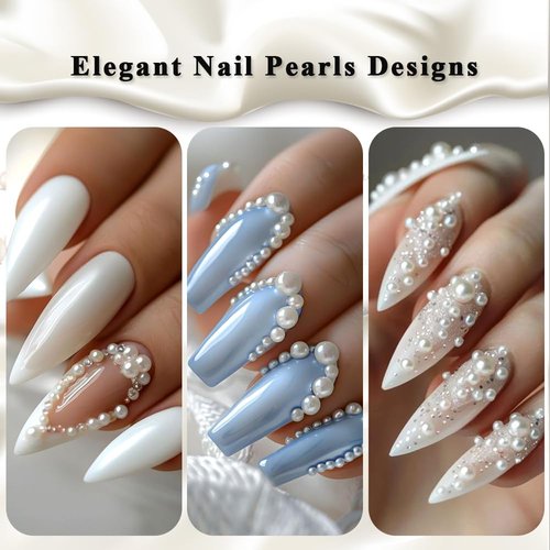 3D Mixed Sizes Nail Beads and Pearls Nail Charms Kit, Gold Silver Mini Metal Caviar Nails Beads Studs, White Flatback Round and Half Round Pearls with Pickup Pencil and Tweezers