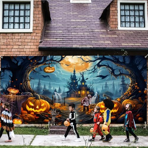 Orange 7x16 FT Halloween Garage Door Banner - Spooky Night Backdrop for Haunted House