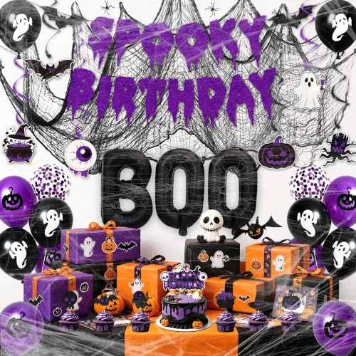 Halloween Birthday Decorations Set with Balloons, Banner & Spooky Props