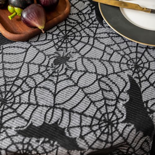 Halloween Spiderweb Tablecloth 70 Inch Round Black Bats Lace Cover for Parties