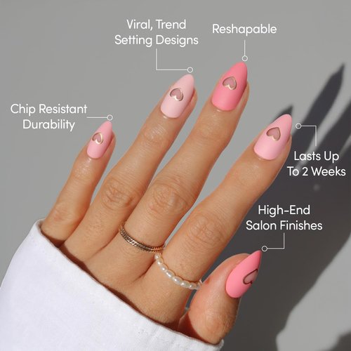 Glamnetic Press On Nails - Matte In Love | Short Almond Fake Nails with Metallic Gold Hearts | 30-Piece Kit in Mixed Pink Tones