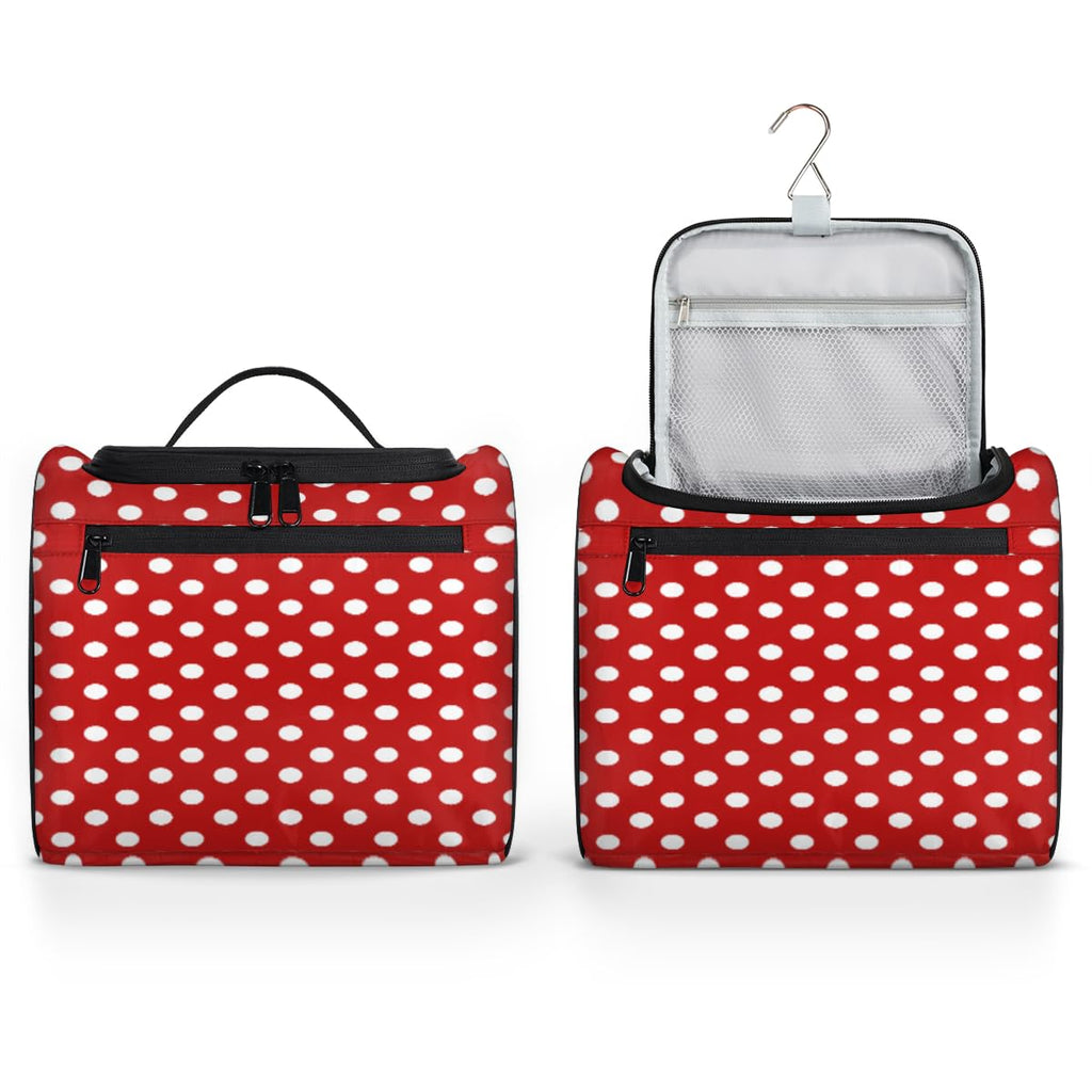 White Polka Dot Red Background Toiletry Bag for Women, Hanging Travel Toiletry Bag, Water-resistant Cosmetic Makeup Organizer for Toiletries and Cosmetics, Bathroom Shower Bag with Handle and Hook