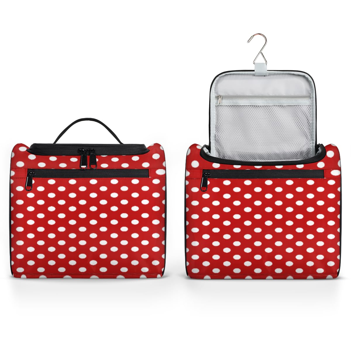 White Polka Dot Red Background Toiletry Bag for Women, Hanging Travel Toiletry Bag, Water-resistant Cosmetic Makeup Organizer for Toiletries and Cosmetics, Bathroom Shower Bag with Handle and Hook