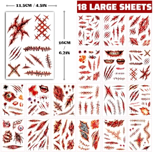 Halloween Fake Scar Tattoos for Face & Body - 18 Large Sheets, Realistic Horror Effects