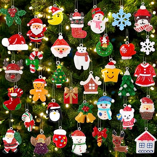 36pcs Christmas Mini Resin Ornaments Set for Xmas Tree Decoration with Golden String