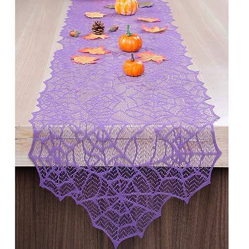 Halloween Purple Table Runner with Spider Web Lace - 72x13 Inch Festive Decor
