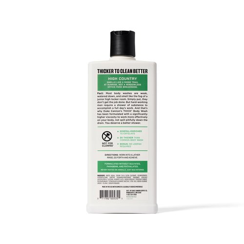 Duke Cannon Supply Co. Mens THICK Body Wash - Free of Sulfate, Paraben, & Phthalates Leaving Skin Soft and Hydrated - High Viscosity Odor Protection - Long Lasting Freshness - High Country (18oz)