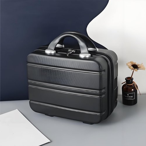 Acshio Mini Hard Shell Cosmetic Travel Case, 12 Inch Small Portable Makeup Train Case with Elastic Band Handle, Pressure-proof ABS Carrying Suitcase Toiletry Box for Travel, Camping, Black