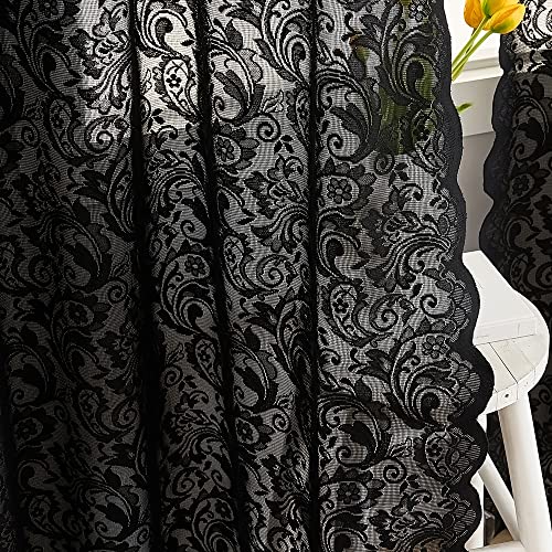 Black Sheer Lace Curtains Set of 2 - 52W x 96L Victorian Gothic Window Panels - Variation: Black / 52"W x 96"L