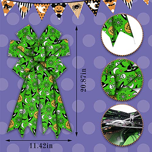 Large Halloween Wreath Bow with Witch Hat & Spider Web - Green Ghost Variation