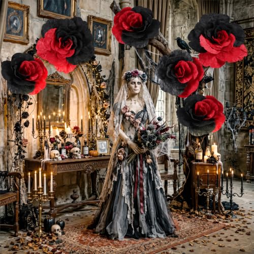 Giant Black and Red Artificial Flowers Roses Velvet Halloween Decor Set - 6 Pieces
