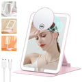 Anfauny Lighted Travel Makeup Mirror with Magnetic 10X Magnification, Vanity Portable and Foldable with Adjustable Stand, Rechargeable 3 Color Lights for Desk and Tabletop -Pink