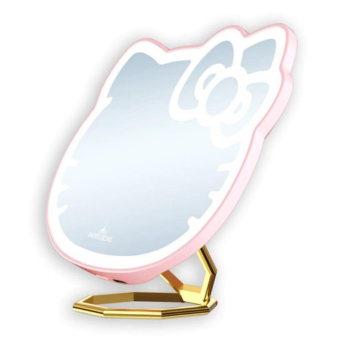 Impressions Vanity Hello Kitty 3X Magnifying Pocket Mirror with Stand, Adjustable Brightness Daylight LED Lighted Compact Makeup Mirror for Desk, Travel, Purse (Pink)
