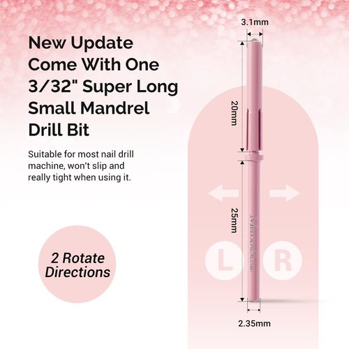 MelodySusie 50 Pcs Nail Drill Bits Super Long Small Sanding Bands with 3.1mm Crystal Mandrel Bit, 180 Fine Grit Nail File for Acrylic Nails Gel Manicures and Pedicure, Pink