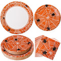 Halloween Party Decor Paper Plates & Napkins Set - Orange Spider Web Design for 25 Guests