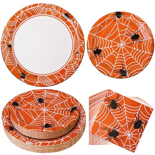 Halloween Party Decor Paper Plates & Napkins Set - Orange Spider Web Design for 25 Guests