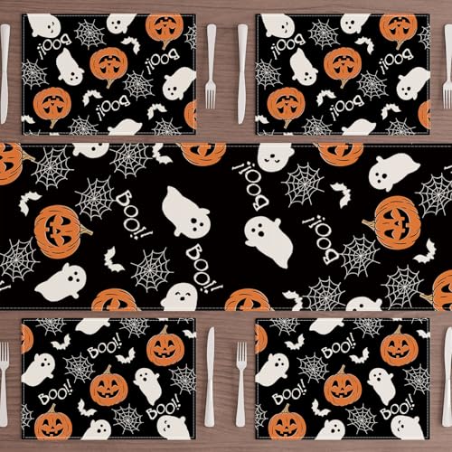 Halloween Ghost Pumpkin Placemats Set of 4 - 12x18 Inch Table Decor