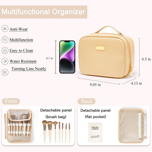 BAKLUCK Travel Makeup Bag Large Capacity Cosmetic Bags with Compartment Open Flat Make up Organizer Waterproof Leather for Women,Yellow