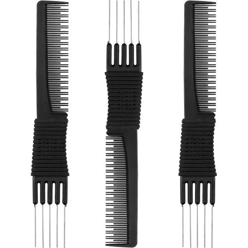 Leinuosen Carbon Lift Teasing Combs - 3 Pack with Metal Prong for Effortless Hair Styling | Black