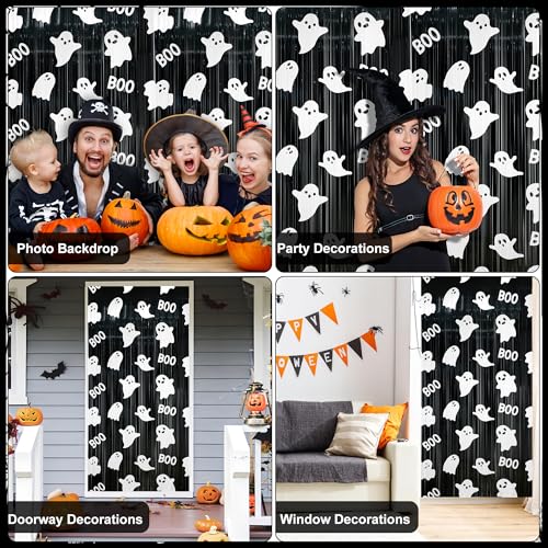 Halloween Foil Fringe Curtains - Ghost & Boo Theme, 4 Pack, Black & White, 3.3x6.6 Ft, Ghost Photo Backdrop, Party Decorations, Kids & Baby Shower
