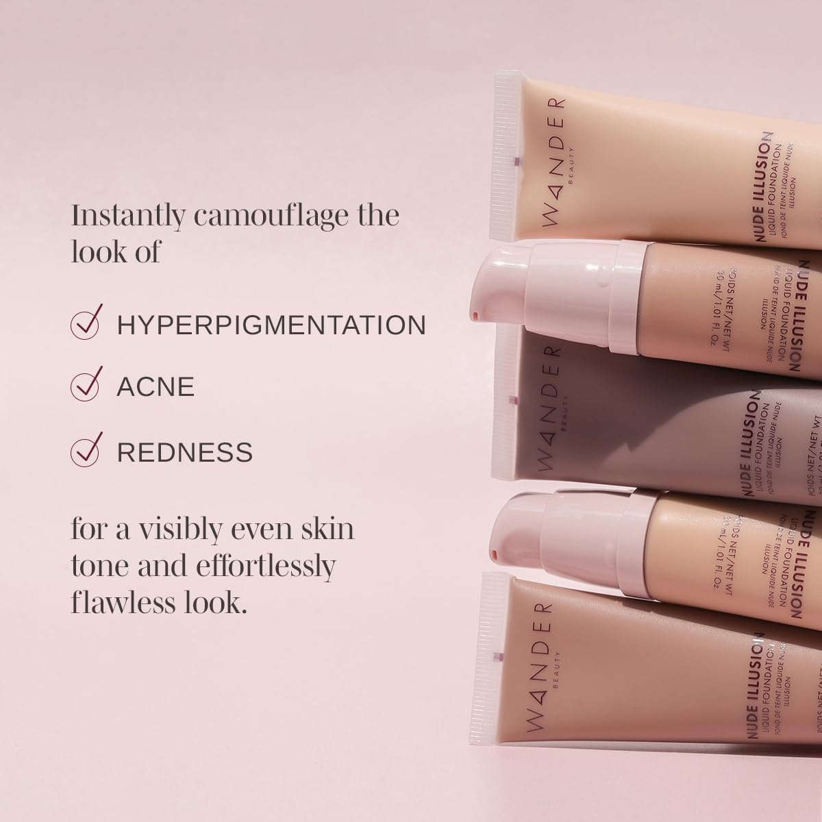 Wander Beauty Nude Illusion Liquid Foundation - Fair Light - Medium to Full Coverage Foundation - Natural Makeup with Vitamin E & Macadamia - Nude Skin Finish Blurs & Conceals - 1.01 fl oz