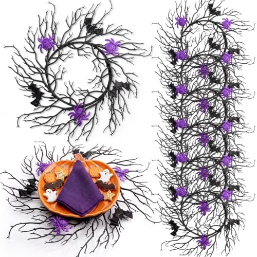Halloween Placemats Set of 6 - Artificial Round Table Decor, Bare Twig Variation