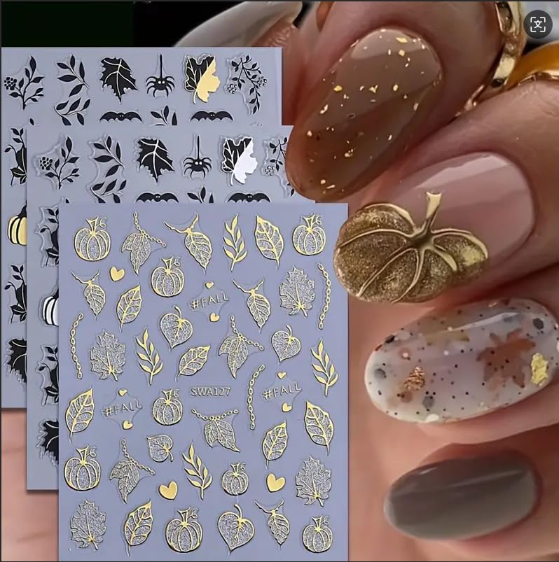 Halloween Style Fall Nail Stickers 8 Sheets 3D Pumpkin & Spider Web Nails - Self Adhesive DIY Decals