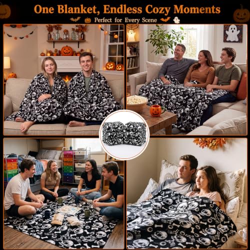 Halloween Skull Fleece Throw Blanket Set - 6 Warm & Cozy Bed & Sofa Throws