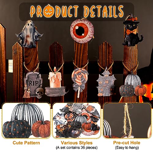 Wood Halloween Tree Ornaments Set - 36 Spooky Holiday Hanging Decorations