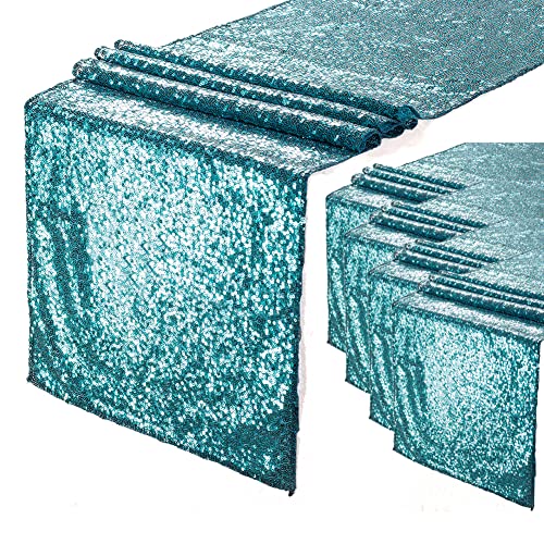 Teal Sequin Table Runner 12x108 Inch 5-Piece Set - Party & Wedding Decor