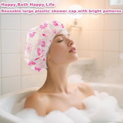 18Pcs Plastic Shower Caps for Women Waterproof Bath Caps Bathing Hair Cap Reusable Shower Caps for Shower,Spa,Salon,Housework,Girls,Home,Travel (Yellow+Red+Blue-Flower)