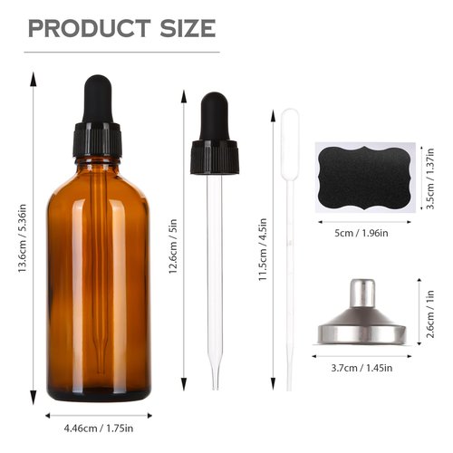 3.4 oz Amber Glass Dropper Bottles,4 Pack 100ml Empty Reusable Leak Proof Thick Tincture Bottles for Essential Oils,Hair Oil,Liquids,Laboratory,Pharmacist Bottle,Massage,Perfumery Aromatherapy