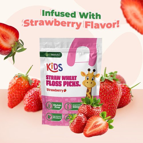 Kids Flossers - Straw Wheat Handle | Dental Floss Picks for Children | Fluoride-Free | Colorful & Fun Animal Floss Sticks (Strawberry, 200 Pack)