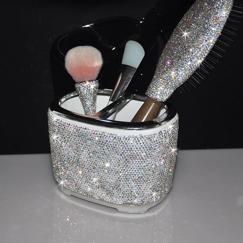 Bestbling Luxury Bling Rhinestone-Embellished Makeup Organizer Box Storage – Large Capacity Cosmetic Brush Lipstick Eyebrow Pencil Storage Box and Desktop Organizer Rack (Silver)