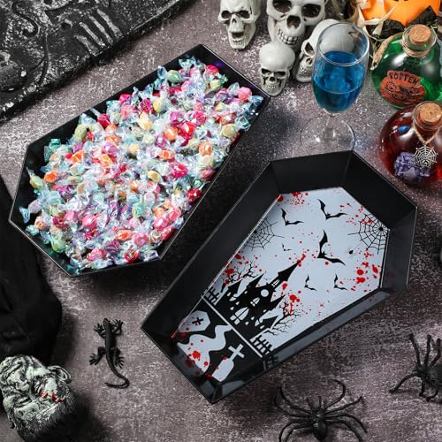 Halloween Gothic Coffin Shaped Candy Bowl Set - Black Plastic 2-Pack with Blood & Bat Prints - Castle Variation