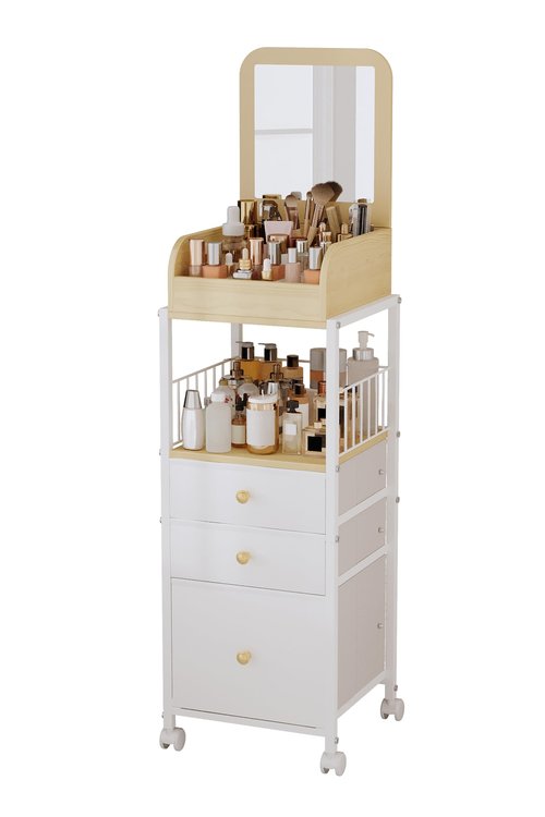 Makeup Cart Organizer with Mirror, Large Floor Skincare Organizers Make Up Organizers-Vanity Storage Organizer Cosmetic Display Cases Holder for Skin Care Perfume Nail Polish Brush Hair Tool (White)
