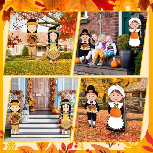 Thanksgiving Pilgrim Hanging Signs Set - Outdoor Fall Decor for Porch & Front Door